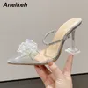 Chaussures habillées Aneikeh 2023 PVC Bout Pointu Fleur Décoration Femmes Talon Haut Cheville Slip-On Cristal Bordé Parti Dess Pompes Sexy 221213