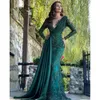 Zümrüt Yeşil Denizkızı Gece Elbise Arapça Lüks Boncuklu Dantel Nakış Uzun kollu kadın balo parti elbisesi için zarif