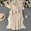 Casual Dresses Autumn and Winter Gentle Wind Senior Sense of Cross V-Neck Knit Design Elegance Temperament Open Fork Dress