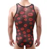 Body Shapers pour hommes Lingerie pour hommes Triangle taille Wrestling Slinget Body sans manches Red Lip Print Mesh One-piece Bodyshapers Romper