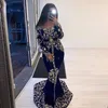 Royal Blue Marokkaanse Kaftan Velvet Prom Dresses Elegante lange mouwen Mermaid Formele avondjurken Goud Lace Appliques Arabisch Dubai Party Speciale gelegenheid Wear 2023