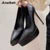 Vestido sapatos Aneikeh 2023 Black Pat Patent Leather Sexy Sexy Ponto Ponto Fino High Heel Carreira Escritório de Torno