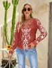 Damen-Hemd, Ethno-Stil, Blumenmuster, langärmelig, V-Ausschnitt, lässig, lockeres Blusenshirt