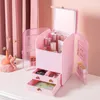 Opbergdozen Grote capaciteit Make -up Organisator Cosmetics Box Belt LED Mirror Lippenstift Ketting Sieraden Dressoirplank