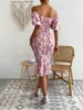 Party Dresses Allover Floral Print Off Axel Shirred Mermaid Hem Bodycon Dress Elegant Ruffle Puff Sleeve Natural Midje Mide Slim Fit