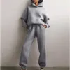 Spor Salonu Giyim Kadınları Takip Hoodies Sıradan Katı Katı Kollu Polar Sıcak Kapüşonlu Spor Giyim Takım Kapşonlu Saklama Pantolon İki Parça Setleri
