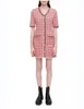 Red Plaid Panelled Tweed Dress Short Sleeve V-Neck Buttons Single-Breasted Casual Dresses M2D140673