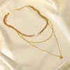 Choker Fashion 18K Gold Plated Stainless Steel Three Layers Pendant Necklace Figaro Chain Natural Freshwater Pearl Heart Women