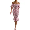 Party Dresses Allover Floral Print Off Axel Shirred Mermaid Hem Bodycon Dress Elegant Ruffle Puff Sleeve Natural Midje Mide Slim Fit