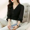 Women's Blouses Knitting Women's 2022 In Chiffon Patchwork Shirts Slim Long Sleeves Summer Korean Top Spring V-Neck Casual Clothing