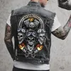 Herenvesten heren motorfiets fietser denim vest zuiger schedel print cowboy wasitcoat casual katoen gescheurd gat slevende jean jas jas