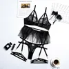 Fancy Feather Lingerie Set da 3 pezzi Intimo sensuale Reggiseno con ferretto in pizzo Reggicalze con volant Trasparente Bellissimo set Bilizna