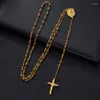 Pendant Necklaces Drop 28" Stainless Steel Rosary Beads Necklace 4mm Gold /Black Color With Jesus Christ Crucifix Cross