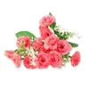 Fiori decorativi 5 forchette artificiali con 15 mini teste di rose Decorazione domestica Decorazioni per matrimoni Forniture per feste 1 pacco