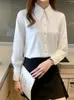 Kvinnors blusar Fashion Women's Casual Shirts Polo-Neck Solid Chiffon Women Topps 2022 Autumn Long Sleeve Top Button Blue Basic Female