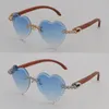 Randlose Holzsonnenbrille mit Moissanit-Diamantbesatz für Damen 3524012 Blaue Holzbrille Herren Geschnitzte abgewinkelte Dreieckslinse Designer Rocks Brillengläser Größe 56