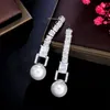 Luxury Long Stud Charm Diamond Designer Earring for Woman Jewelry White Imitation Pearl AAA Cubic Zirconia Copper Silver Bridal Earrings for Wedding Engagement