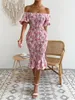 Party Dresses Allover Floral Print Off Axel Shirred Mermaid Hem Bodycon Dress Elegant Ruffle Puff Sleeve Natural Midje Mide Slim Fit