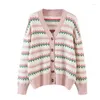 Malhas femininas feminino malha casual sweater cardigan botão de botão padrão de listra de flores comprida decote em vínculos femininos de malha feminina