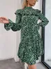 Casual Dresses DGIRL Elegant Green Dress Women Floral Autumn Winter Bubble Sleeves Loose