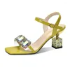 Sandals 2022 Women's Summer High Heel Shoes Crystal Open Toe Square Block Buckle Fashion Strap Green Size 34-40