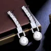 Luxury Long Stud Charm Diamond Designer Earring for Woman Jewelry White Imitation Pearl AAA Cubic Zirconia Copper Silver Bridal Earrings for Wedding Engagement