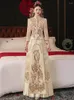 Abbigliamento etnico Sposa in stile cinese Champagne Abito da sposa scintillante Banchetto Cheongsam Paillettes vintage Perline Ricamo Qipao