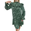 Casual Dresses DGIRL Elegant Green Dress Women Floral Autumn Winter Bubble Sleeves Loose