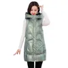 Gilets pour femmes col montant poches boutons fermeture éclair patte de boutonnage couleur unie gilet pardessus hiver à capuche mi-long vers le bas coton gilet vêtements d'extérieur