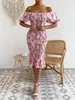 Party Dresses Allover Floral Print Off Axel Shirred Mermaid Hem Bodycon Dress Elegant Ruffle Puff Sleeve Natural Midje Mide Slim Fit