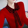 Blusas femininas casuais moda lapela de malha Houndstooth blusa com laço laço para cima roupas femininas 2022 outono comutar pulôver solto camisa coreana