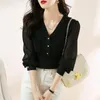 Women's Blouses Knitting Women's 2022 In Chiffon Patchwork Shirts Slim Long Sleeves Summer Korean Top Spring V-Neck Casual Clothing