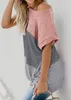 女性シャツチュニックトップソリッドカラーライトウェイトベーシックルーズTシャツ半袖カジュアルティーパッチワークカラーブラウス