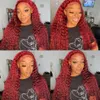 13x4 cor vermelha 180% Curly Human Hair Wigs para mulheres 99J Borgonha transparente Wave Deep Lace Frontal Wig Synthetic