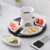 White Porcelain Chocolate Fondue Serving Set Cheese Tools with 4 Plates 4 Forks and 1 Wooden Pallet Melting Pot for Butter Tapas