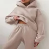 Spor Salonu Giyim Kadınları Takip Hoodies Sıradan Katı Katı Kollu Polar Sıcak Kapüşonlu Spor Giyim Takım Kapşonlu Saklama Pantolon İki Parça Setleri
