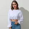 Polos pour femmes Automne Néon Vert Sweatshirts À Manches Longues O-cou Crop Top Lady Solide Streetwear Lâche Bas Cordon Pulls 2022