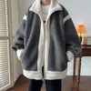Lamm Wolle Polar Fleece Kontrast Farbe Jacke männer Winter Lose Mantel Drehen Unten Kragen Männliche Reißverschlüsse Oberbekleidung