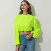 Polos pour femmes Automne Néon Vert Sweatshirts À Manches Longues O-cou Crop Top Lady Solide Streetwear Lâche Bas Cordon Pulls 2022