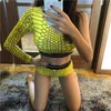 Costumi da bagno da donna Set corto da 2 pezzi Giallo Top con spalle scoperte Pantaloncini Boho Tuta estiva Tute Costume da spiaggia Serpentine monospalla Bikini a maniche lunghe