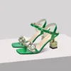 Sandals 2022 Women's Summer High Heel Shoes Crystal Open Toe Square Block Buckle Fashion Strap Green Size 34-40