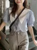 Damenblusen Südkorea Chic Tops S Frauen Sommer Flhjlwoc Nettes süßes Datum Mädchen Blau Gelb Baumwollmischung Button Shirt Vestidos Femme