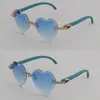 Moissanite Diamond Set Lunettes de soleil en bois sans monture pour femmes 3524012 Lunettes en bois bleu Hommes Sculpté Angle Tniangle lentille Designer Rocks lunettes lentilles Taille 56