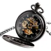 Vintage Automatic Mechanical Pocket Watch Men Hollow Exquisite Chain Smooth Case Pendant Watches Mens Retro Black Hour Clock287O