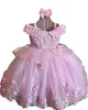 Blumenmädchen Kleider Schöne lila rosa Schulter Prinzessin Tüll Spitze 3d Blumenblumen Kristallperlen Perlen bodenlange Kinder Geburtstag Mädchen Festzug