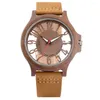 Avanadores de pulso Os números árabes oco transparentes retrô exibem Wood Watch Men Women Quartz Wristwatch Bands de couro genuíno Relógios masculinos