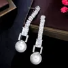 Luxury Long Stud Charm Diamond Designer Earring for Woman Jewelry White Imitation Pearl AAA Cubic Zirconia Copper Silver Bridal Earrings for Wedding Engagement