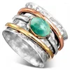 Cluster Rings Vintage Plated Two Tone Green Natural Stone Wide Ring for Women Boho Party Statement Fashion Jewelry Gift