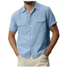 Casual shirts voor heren heren mode top shirt stevige kleur zak met één borsten en linnen korte mouw