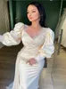 Luxe Arabe Dubaï Robe De Soirée 2023 Bouffée À Manches Longues Sirène Robes De Bal Etage Longueur Soie Satin Formelle Danse Robes De Soirée Femmes Élégantes Dîner Vestidos De Fiesta